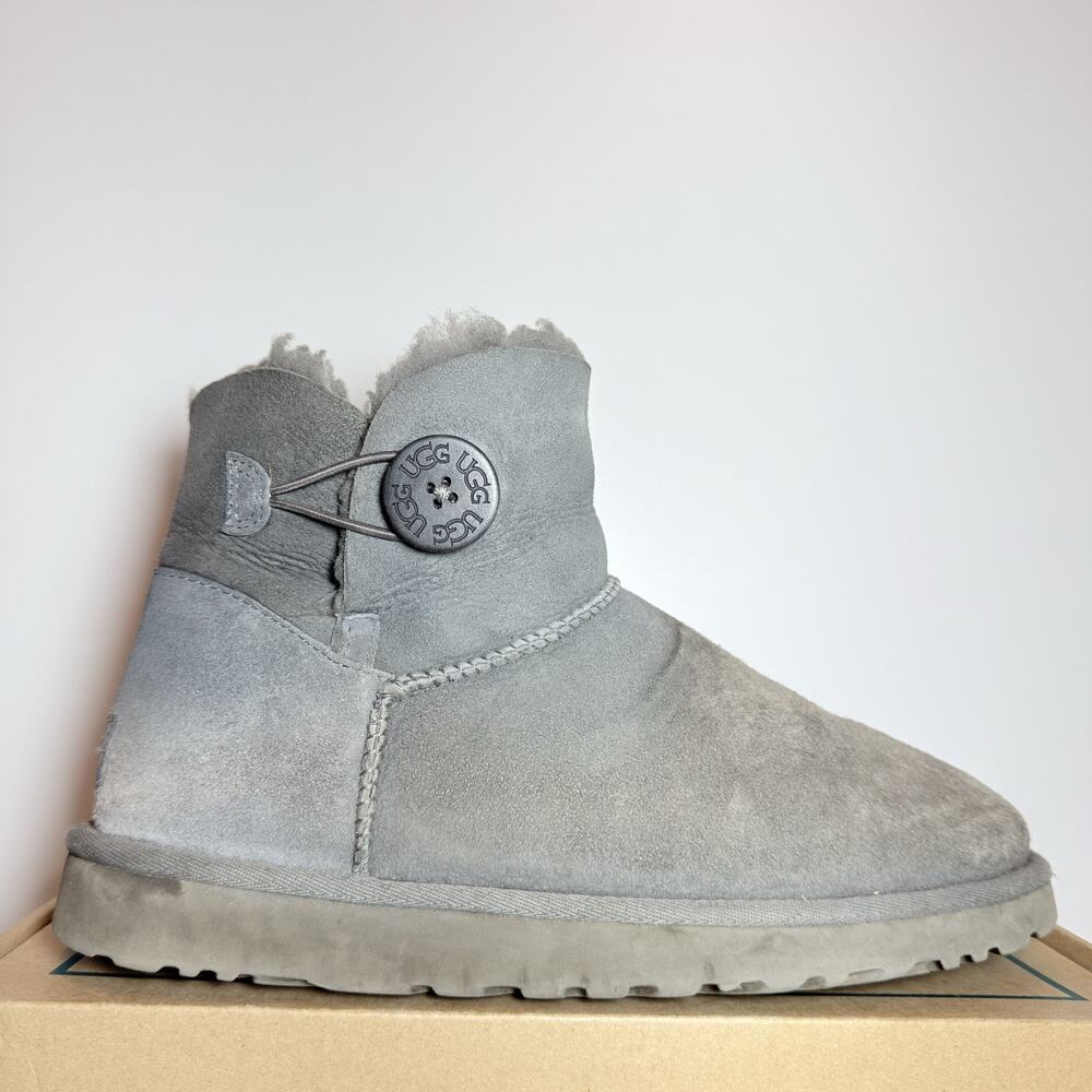 Ugg Womens 9 Mini Bailey Button Grey Suede Shearling Ankle Boots Winter Shoes